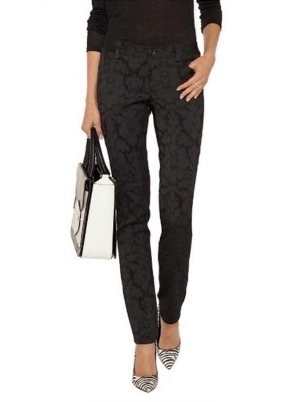 Alice + Olivia Black Jacquard Skinny Pants